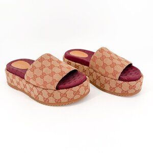 Gucci Angelina Beige GG Logo Canvas Platform Slide Sandals Size 38 US 8 Women's